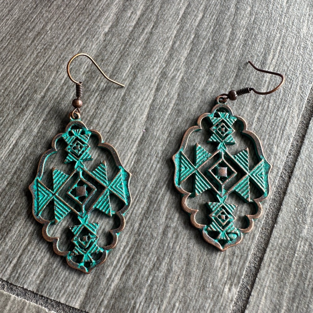 Boho Copper Cut Metal Drop Earrings with Patina Accents